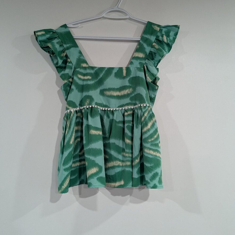 THML Sleeveless Ruffle Smocked Blouse Green White Size Small